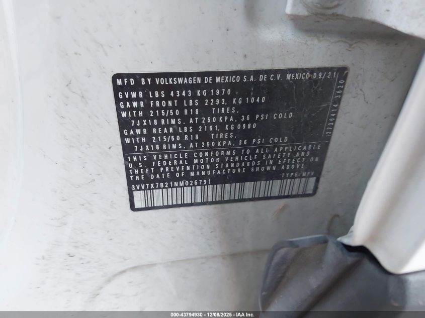 2022 Volkswagen Taos 1.5T Se VIN: 3VVTX7B21NM026791 Lot: 43794930