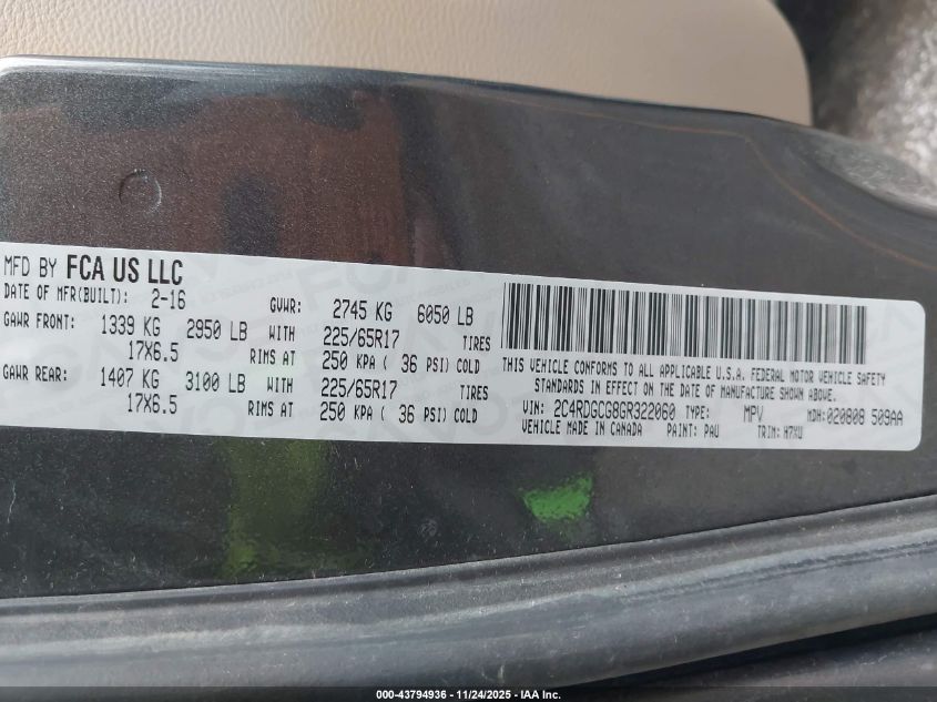 2016 Dodge Grand Caravan Sxt VIN: 2C4RDGCG8GR322060 Lot: 43794936