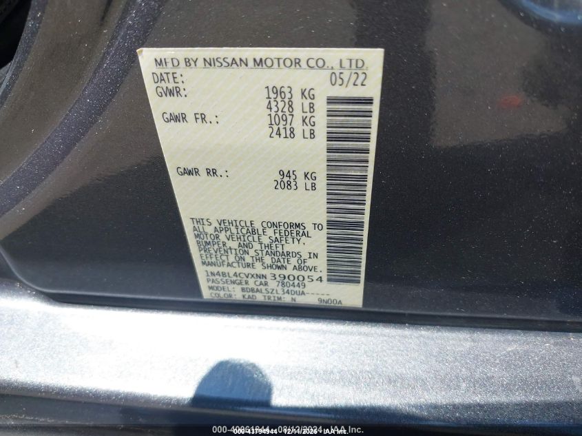 2022 Nissan Altima Sr Fwd VIN: 1N4BL4CVXNN390054 Lot: 43794944