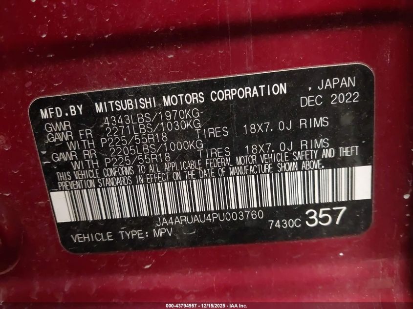 2023 Mitsubishi Outlander Sport 2.0 Es Awc/2.0 Le Awc/2.0 Ralliart Awc/2.0 S Awc/2.0 Se Awc VIN: JA4ARUAU4PU003760 Lot: 43794957