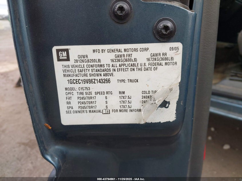 2006 Chevrolet Silverado 1500 Lt1 VIN: 1GCEC19V86Z143266 Lot: 43794961