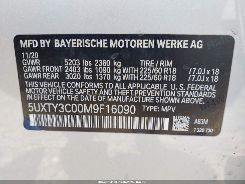 2021 BMW X3 Sdrive30I VIN: 5UXTY3C00M9F16090 Lot: 43794983