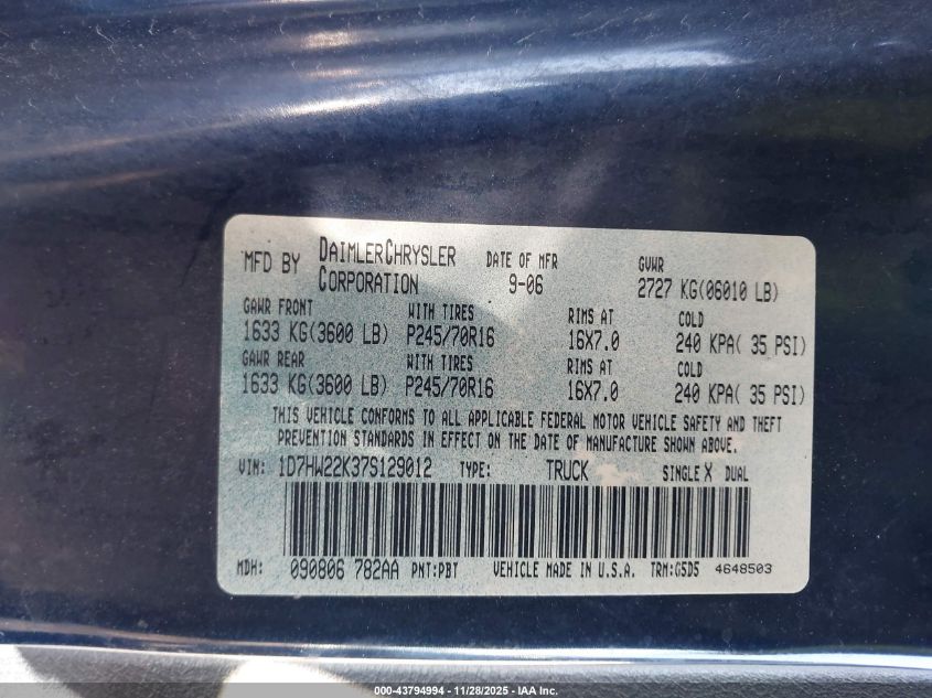 2007 Dodge Dakota St VIN: 1D7HW22K37S129012 Lot: 43794994