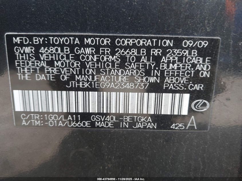 2010 Lexus Es 350 VIN: JTHBK1EG9A2348737 Lot: 43794998