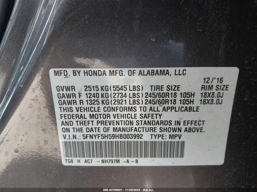 2017 Honda Pilot Ex-L VIN: 5FNYF5H59HB003992 Lot: 43795001