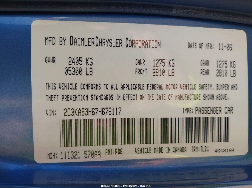 2007 Chrysler 300C VIN: 2C3KA63H67H676117 Lot: 43795006