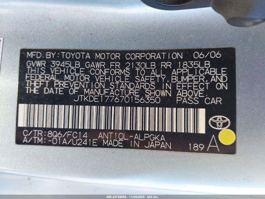 2007 Scion Tc VIN: JTKDE177670156350 Lot: 43795008