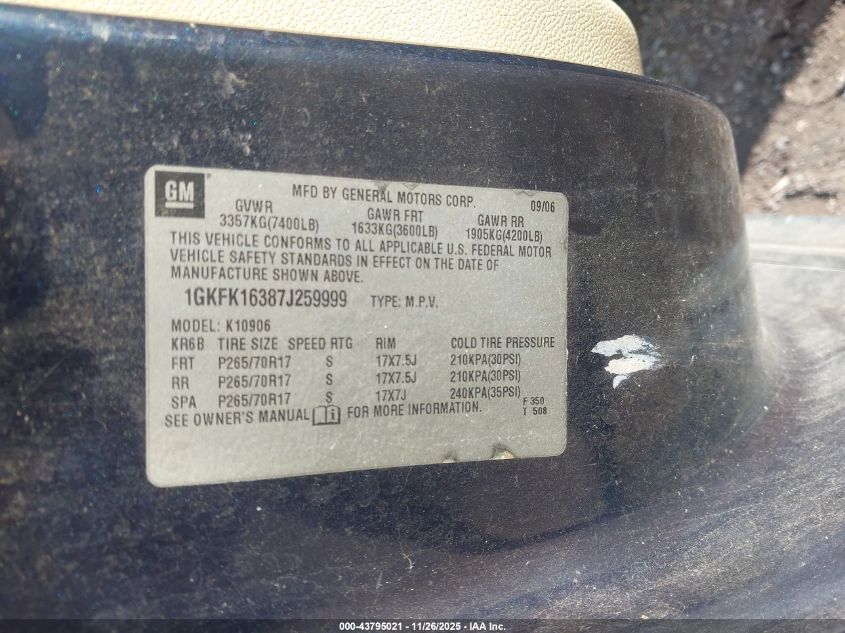 2007 GMC Yukon Xl 1500 Slt VIN: 1GKFK16387J259999 Lot: 43795021