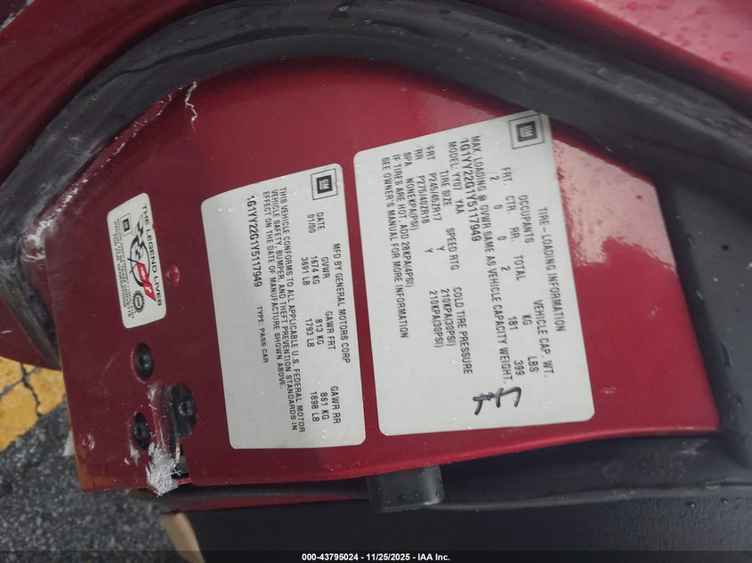 2000 Chevrolet Corvette VIN: 1G1YY22G1Y5117949 Lot: 43795024