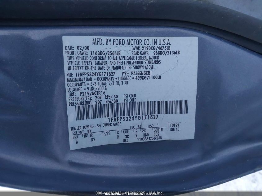 2000 Ford Taurus Se VIN: 1FAFP5324YG171827 Lot: 43795027