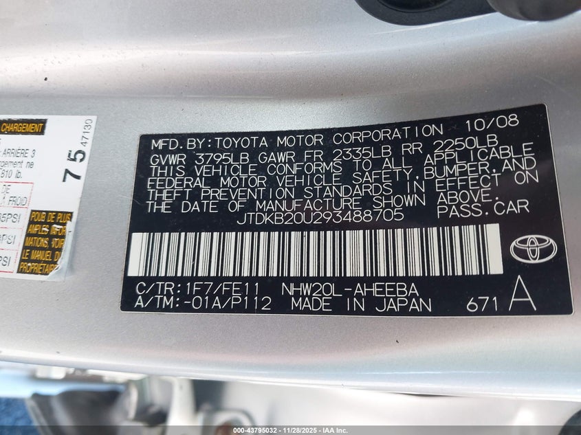 2009 Toyota Prius VIN: JTDKB20U293488705 Lot: 43795032