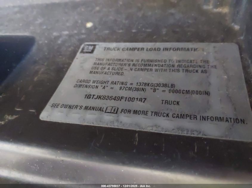 2009 GMC Sierra 3500Hd Sle VIN: 1GTJK83649F100187 Lot: 43795037
