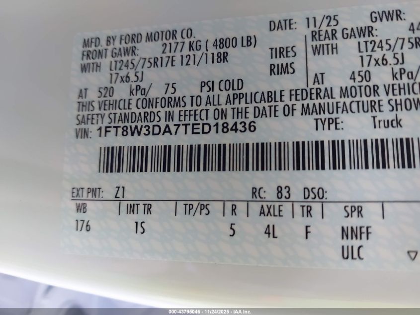 2026 Ford F-350 Xl VIN: 1FT8W3DA7TED18436 Lot: 43795046