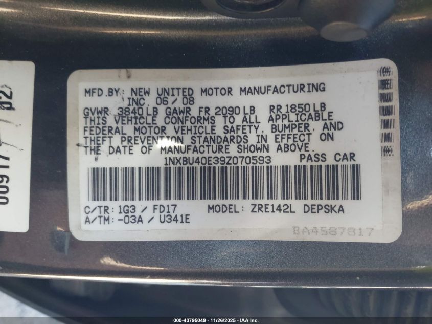 2009 Toyota Corolla S VIN: 1NXBU40E39Z070593 Lot: 43795049