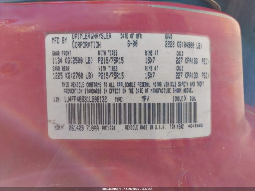 2001 Jeep Cherokee Sport VIN: 1J4FF48S31L506132 Lot: 43795079