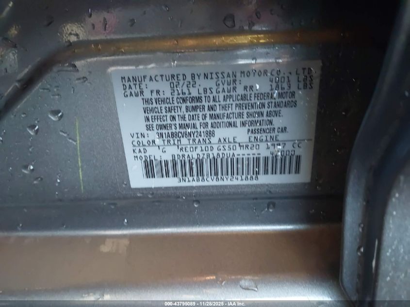 2022 Nissan Sentra Sv Xtronic Cvt VIN: 3N1AB8CV8NY241888 Lot: 43795089