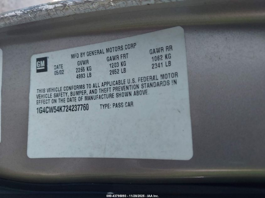 2002 Buick Park Avenue VIN: 1G4CW54K724237760 Lot: 43795093