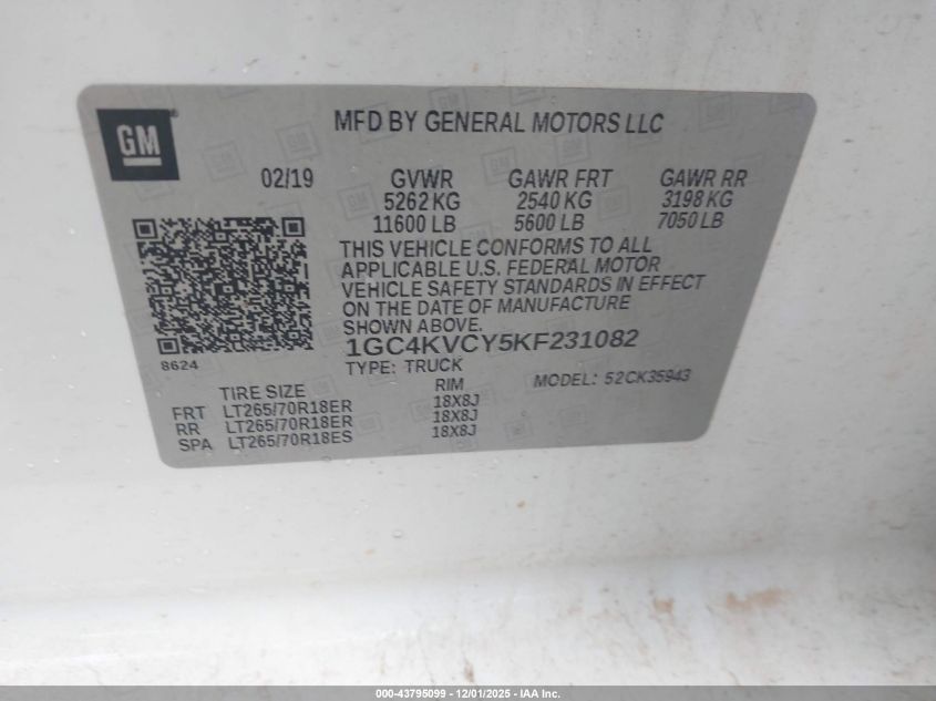 2019 Chevrolet Silverado 3500Hd Wt VIN: 1GC4KVCY5KF231082 Lot: 43795099
