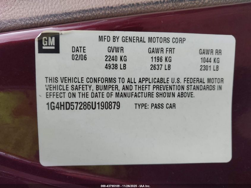 2006 Buick Lucerne Cxl VIN: 1G4HD57286U190879 Lot: 43795109