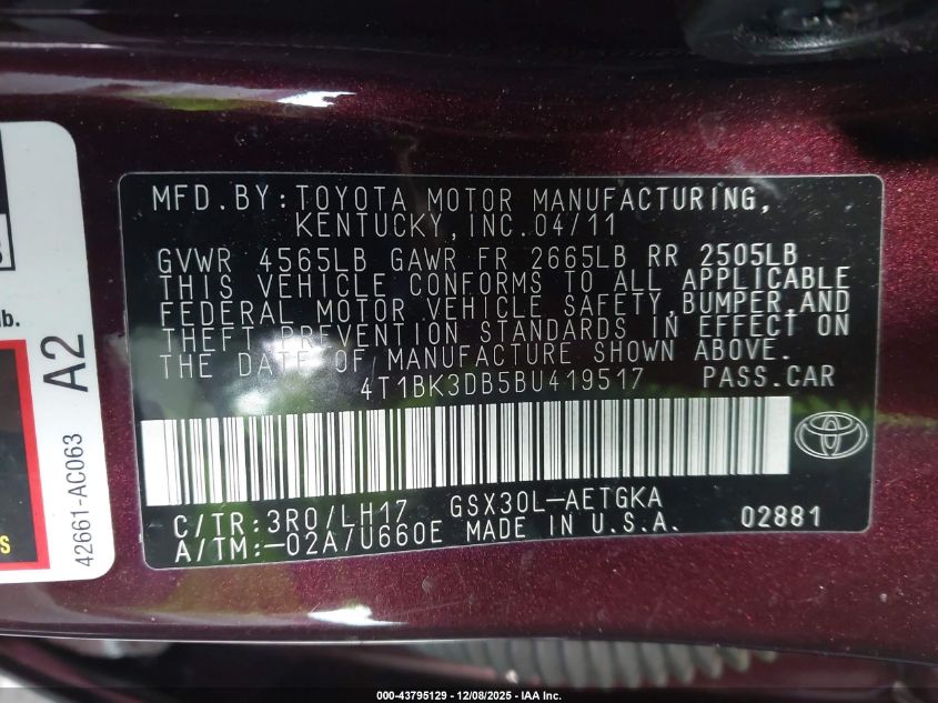 2011 Toyota Avalon Limited VIN: 4T1BK3DB5B4419517 Lot: 43795129