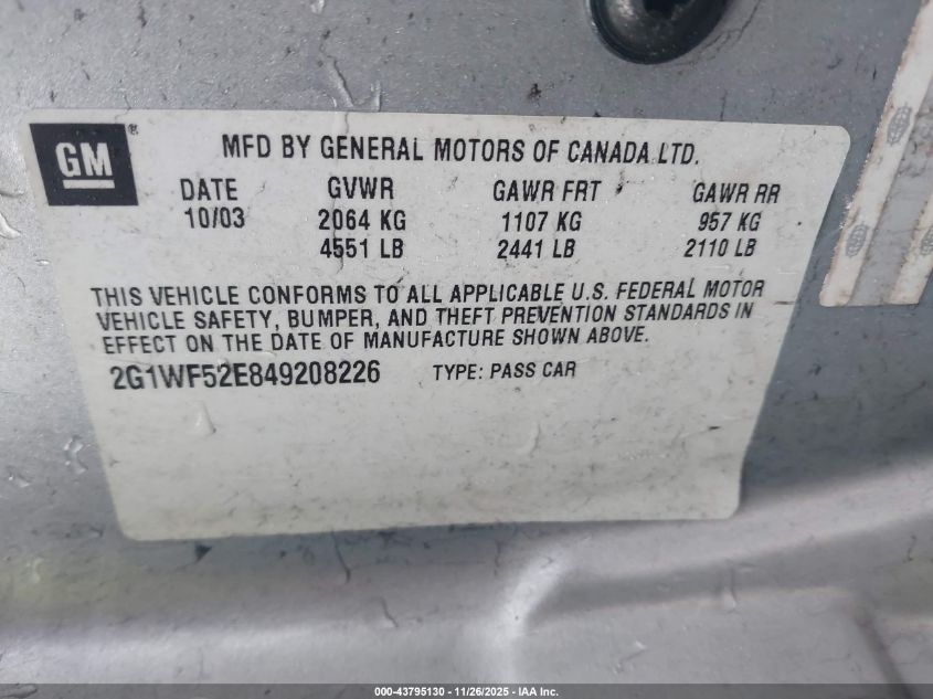 2004 Chevrolet Impala VIN: 2G1WF52E849208226 Lot: 43795130