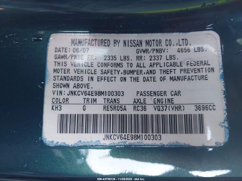 2008 Infiniti G37 Journey VIN: JNKCV64E98M100303 Lot: 43795135
