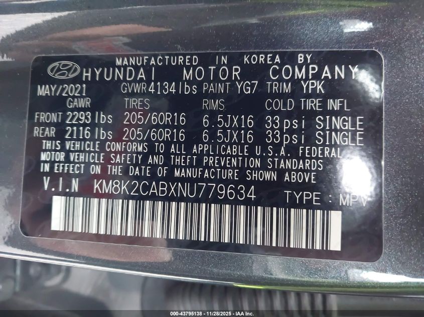 2022 Hyundai Kona Se VIN: KM8K2CABXNU779634 Lot: 43795138