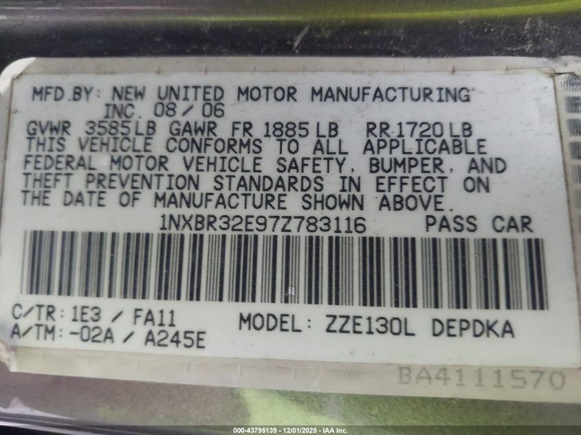 2007 Toyota Corolla Ce VIN: 1NXBR32E97Z783116 Lot: 43795139