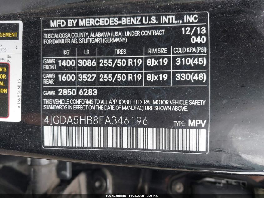 2014 Mercedes-Benz Ml 350 4Matic VIN: 4JGDA5HB8EA346196 Lot: 43795146