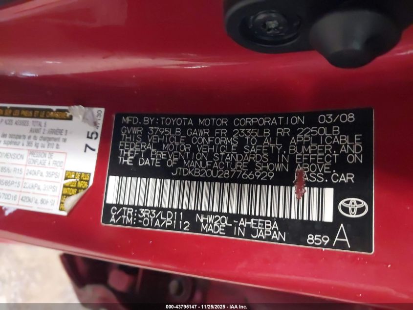2008 Toyota Prius VIN: JTDKB20U287766929 Lot: 43795147