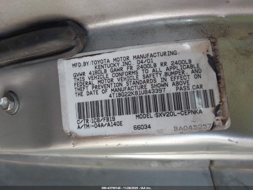 2001 Toyota Camry Le VIN: 4T1BG22K81U843397 Lot: 43795148