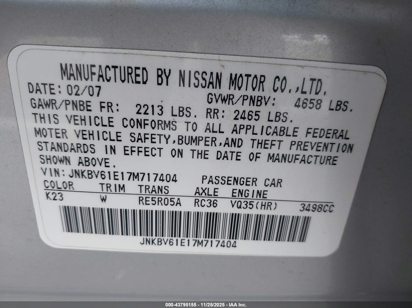 2007 Infiniti G35 Journey VIN: JNKBV61E17M717404 Lot: 43795155