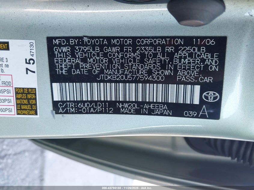 2007 Toyota Prius VIN: JTDKB20U577594300 Lot: 43795158