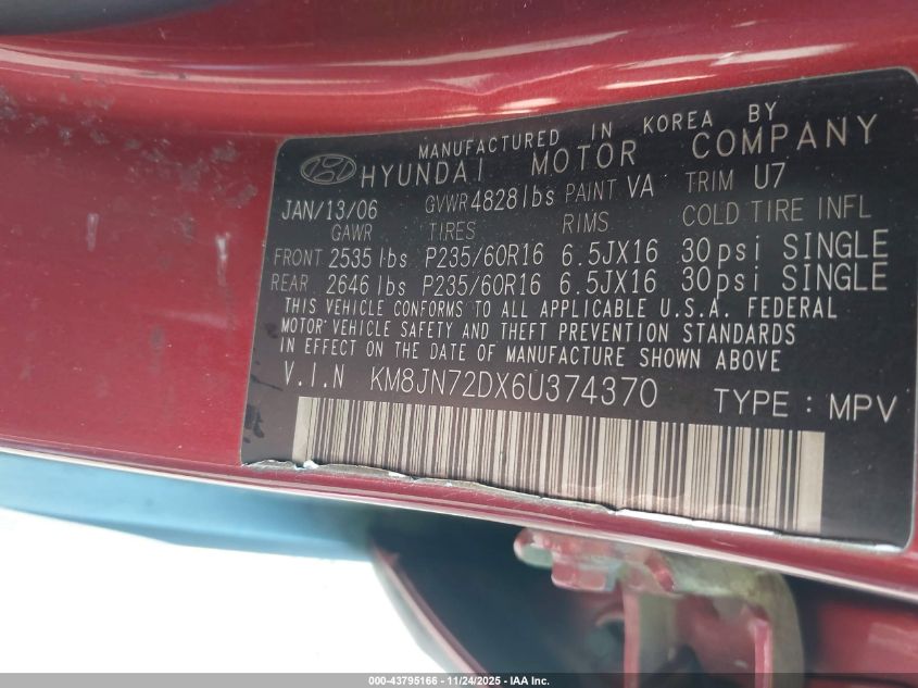 2006 Hyundai Tucson Gls/Limited VIN: KM8JN72DX6U374370 Lot: 43795166