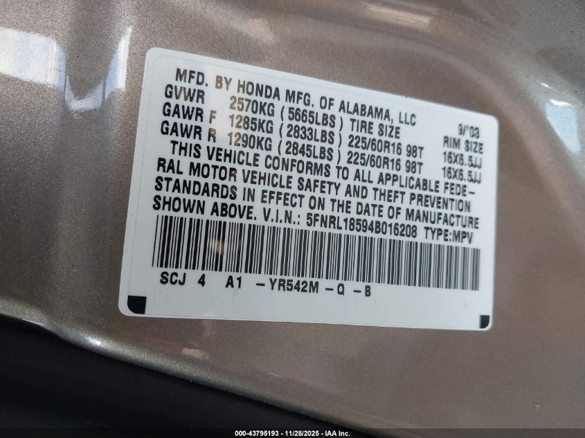 2004 Honda Odyssey Lx VIN: 5FNRL18594B016208 Lot: 43795193