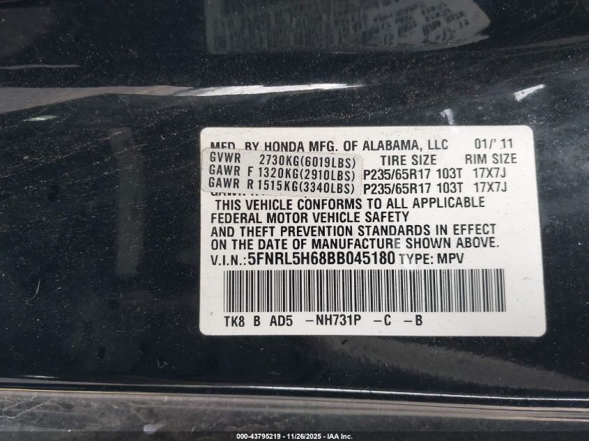 2011 Honda Odyssey Ex-L VIN: 5FNRL5H68BB045180 Lot: 43795219