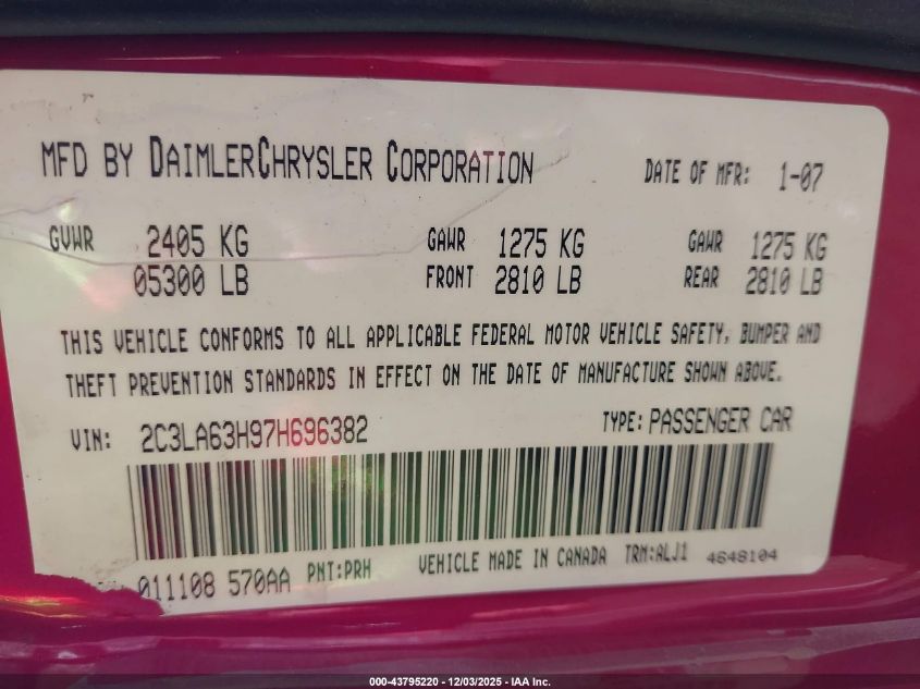 2007 Chrysler 300C VIN: 2C3LA63H97H696382 Lot: 43795220
