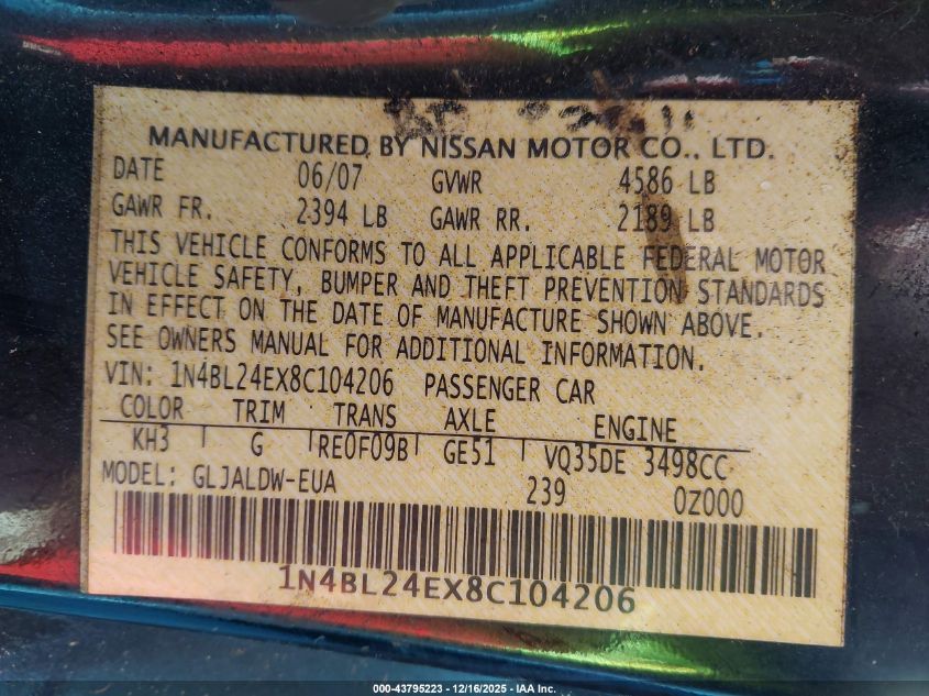 2008 Nissan Altima 3.5 Se VIN: 1N4BL24EX8C104206 Lot: 43795223