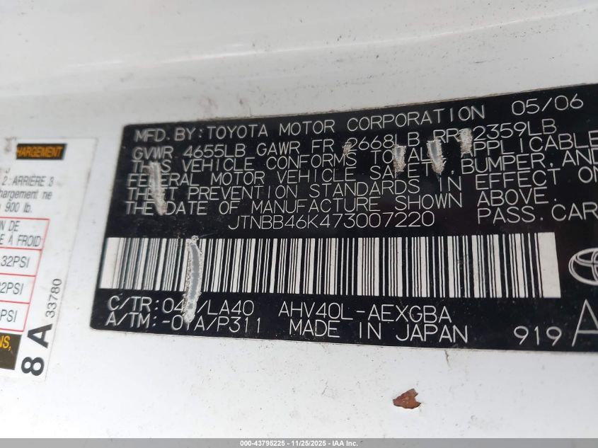 2007 Toyota Camry Hybrid VIN: JTNBB46K473007220 Lot: 43795225