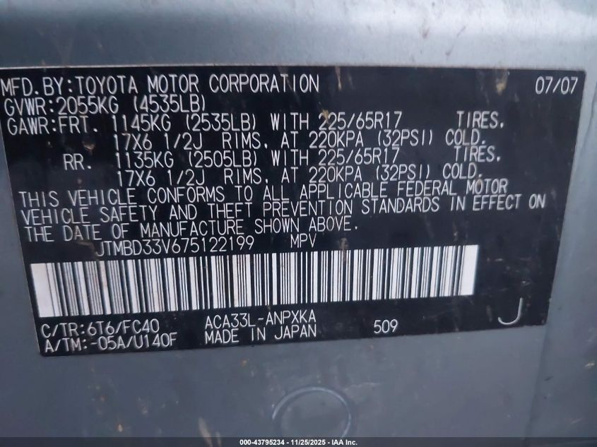 2007 Toyota Rav4 VIN: JTMBD33V675122199 Lot: 43795234