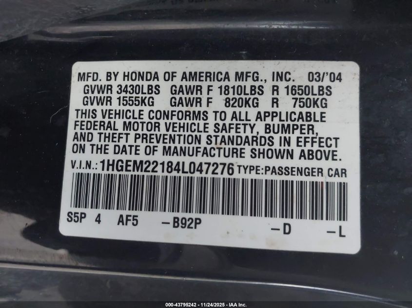 2004 Honda Civic Vp VIN: 1HGEM22184L047276 Lot: 43795242