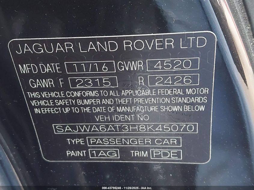 2017 Jaguar F-Type Premium VIN: SAJWA6AT3H8K45070 Lot: 43795246