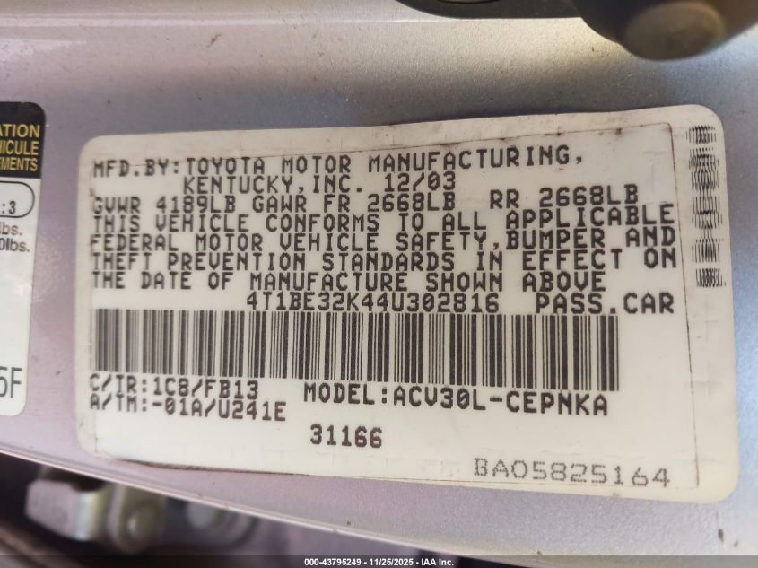 2004 Toyota Camry Le VIN: 4T1BE32K44U302816 Lot: 43795249