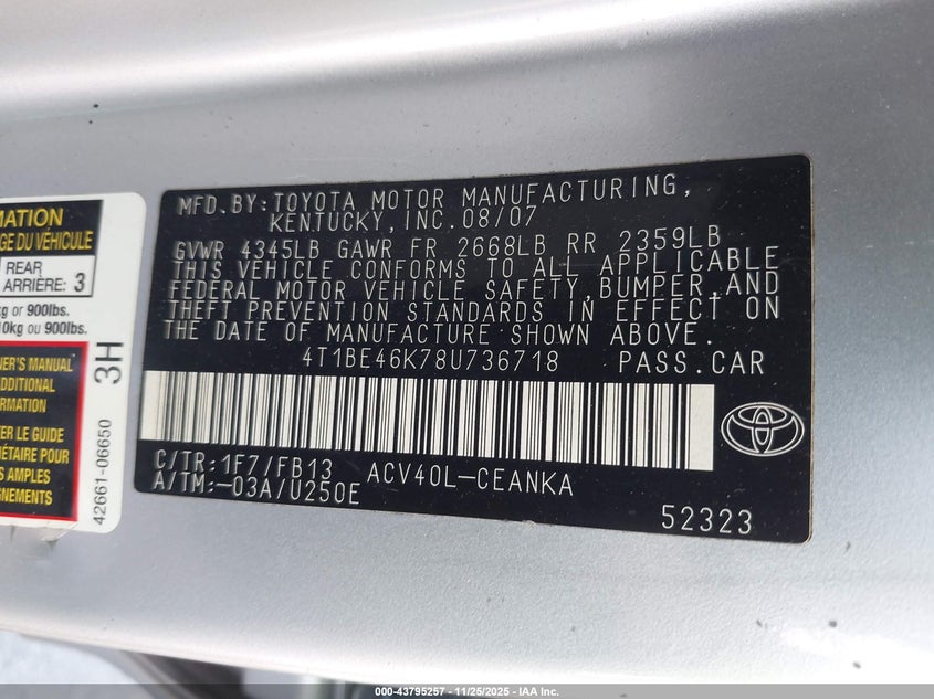 2008 Toyota Camry Le VIN: 4T1BE46K78U736718 Lot: 43795257