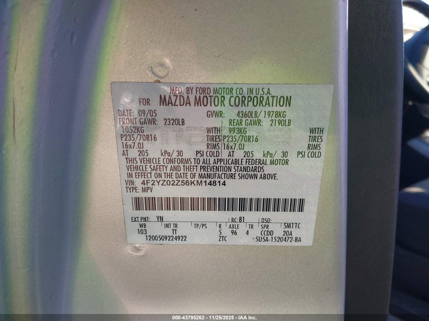 2006 Mazda Tribute I VIN: 4F2YZ02Z56KM14814 Lot: 43795262