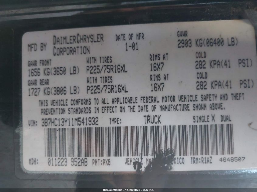 2001 Dodge Ram 1500 St VIN: 3B7HC13Y11M541932 Lot: 43795281