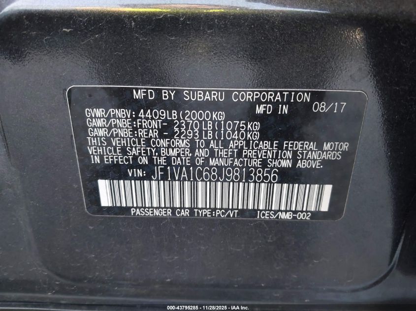 2018 Subaru Wrx Premium VIN: JF1VA1C68J9813856 Lot: 43795285