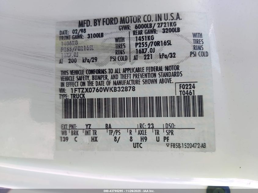 1998 Ford F-150 Lariat/Xl/Xlt VIN: 1FTZX0760WKB32878 Lot: 43795295