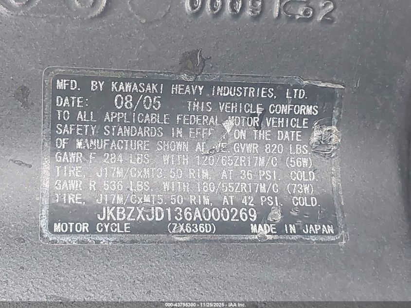 2006 Kawasaki Zx636 C1 VIN: JKBZXJD136A000269 Lot: 43795300