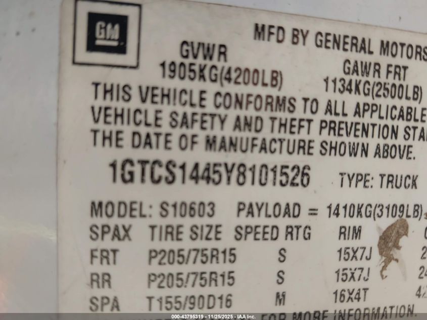 2000 GMC Sonoma Sls VIN: 1GTCS1445Y8101526 Lot: 43795319